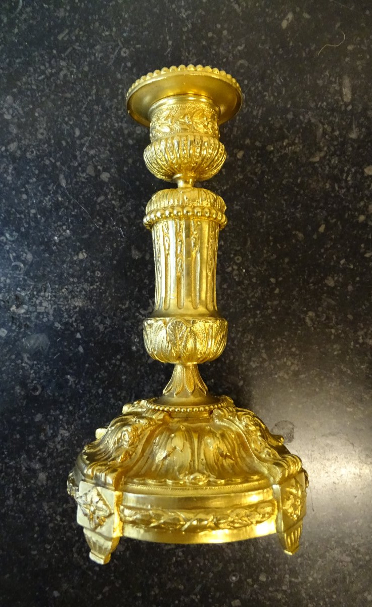 Pair Of Gilded Bronze Candlesticks First Half Of The 19th-photo-3
