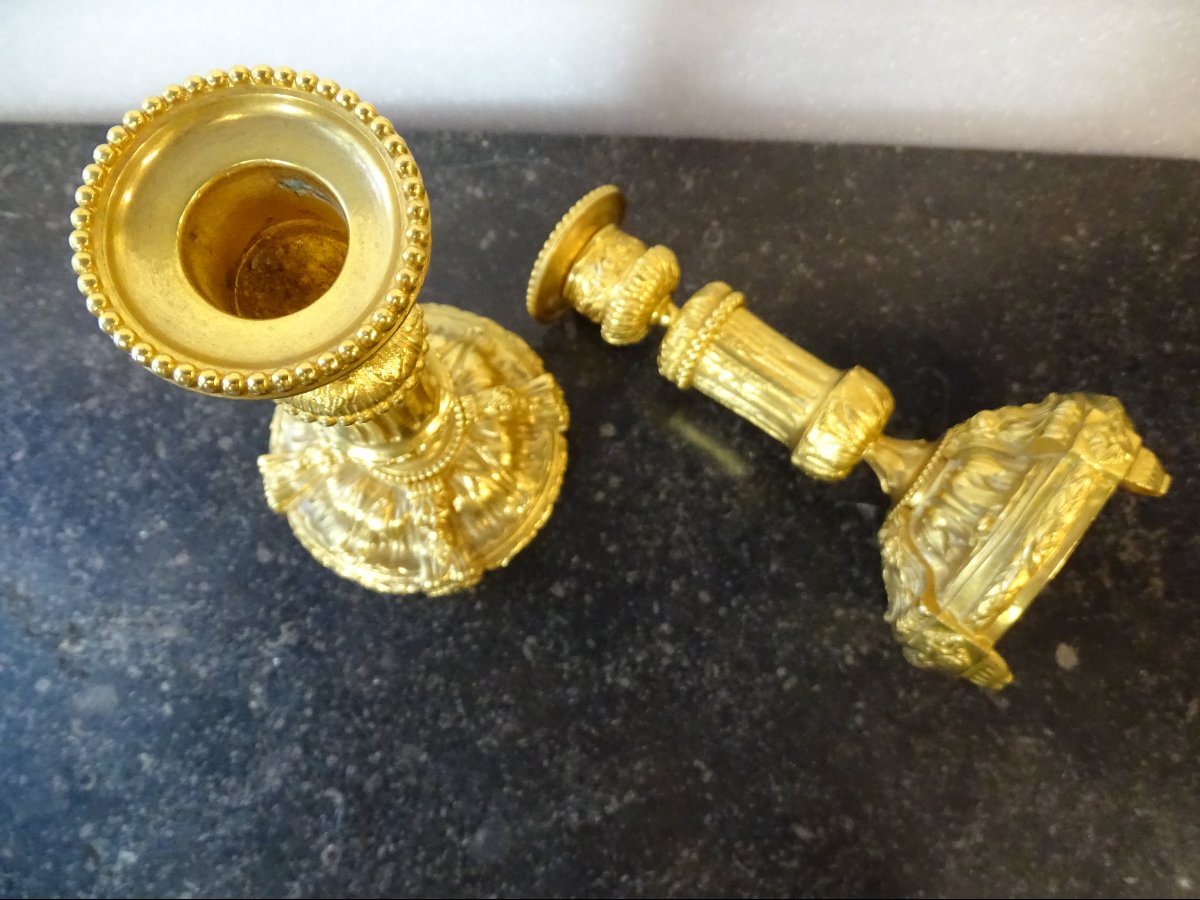 Pair Of Gilded Bronze Candlesticks First Half Of The 19th