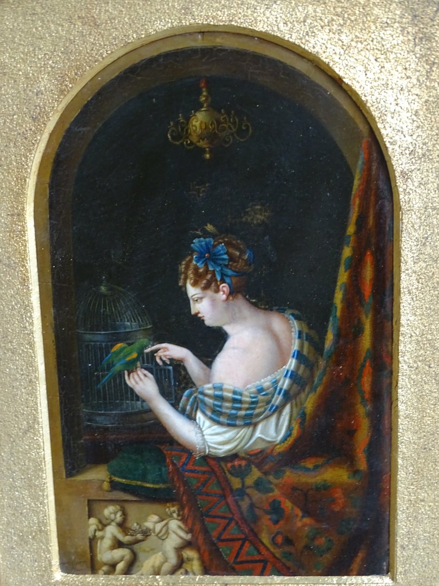 Borne "young Woman With A Parrot" Oil On Panel 1824-photo-2