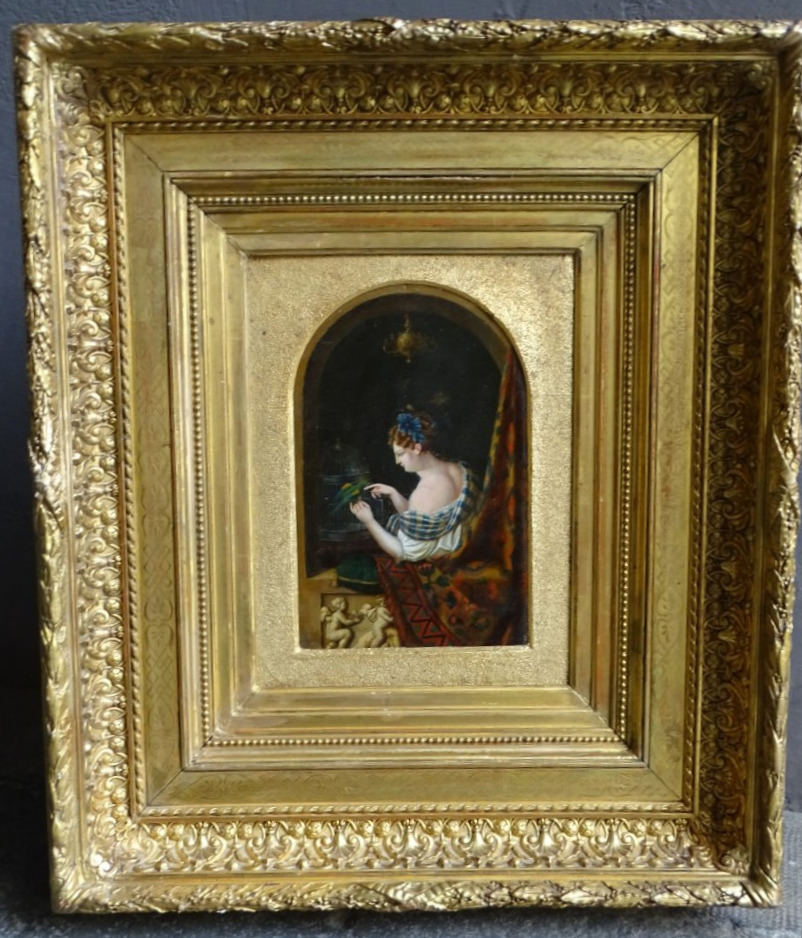Borne "young Woman With A Parrot" Oil On Panel 1824-photo-4