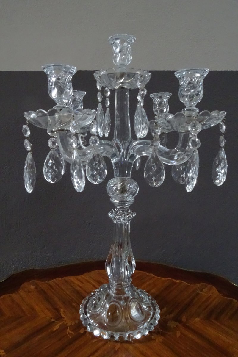 Large Pair Of Baccarat Style Glass Candlesticks 20th-photo-2