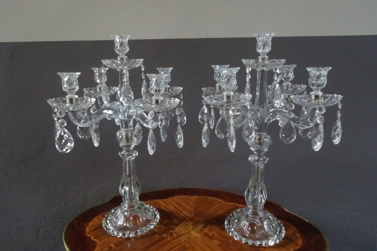Large Pair Of Baccarat Style Glass Candlesticks 20th