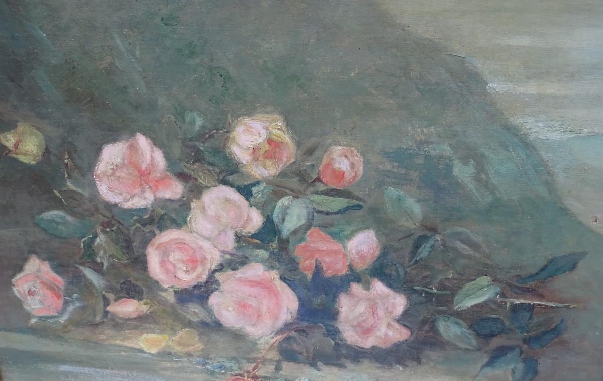 Jeté De Roses Huile Sur Toile Fin 19ème-photo-2