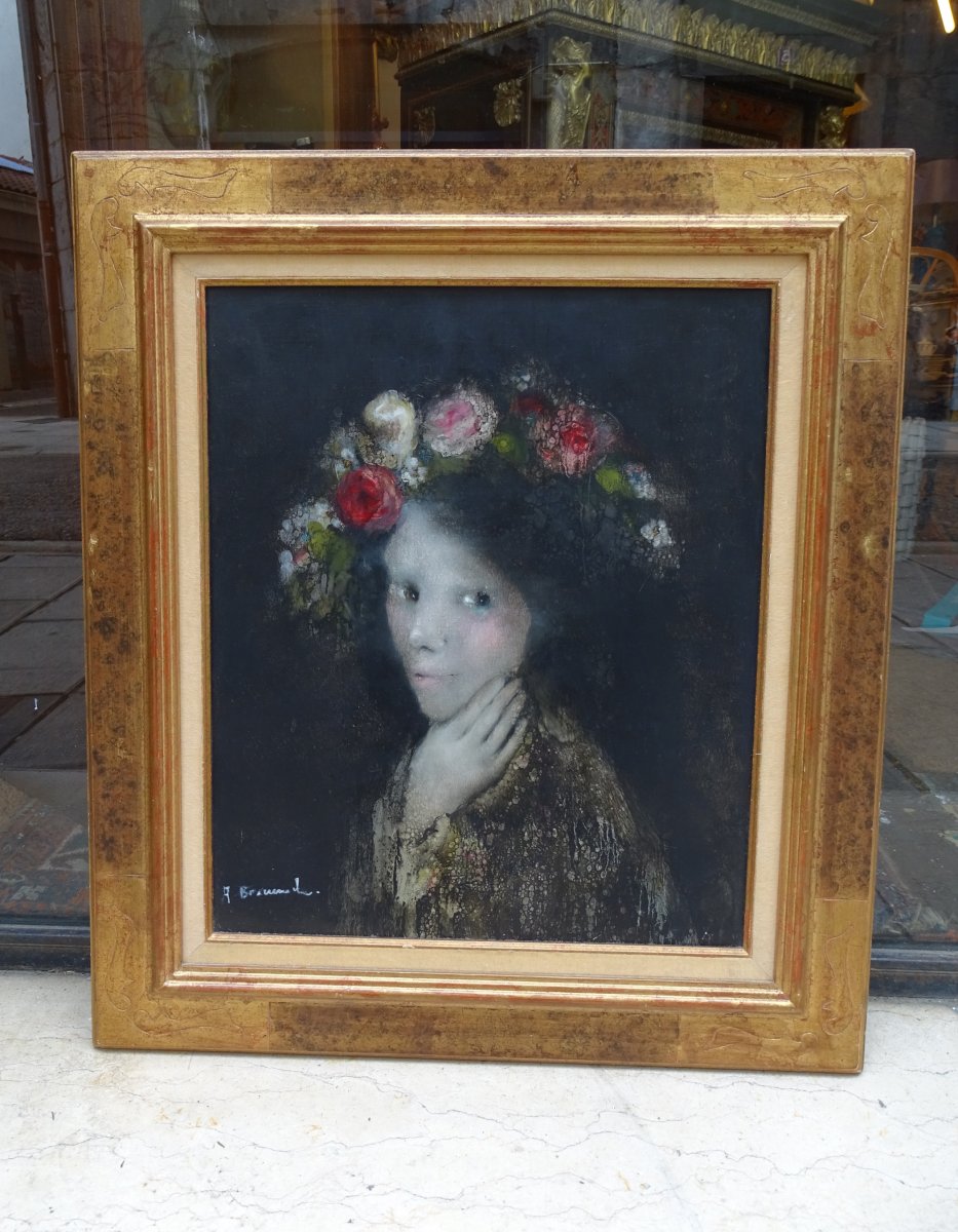 "Flore" Portrait d'une jeune fille avec une couronne de fleurs 20th