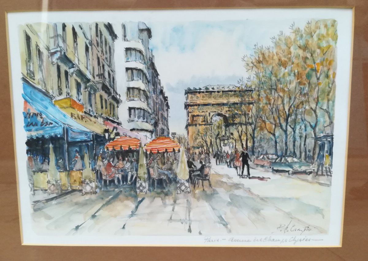 Avenue Des Champs Elysées Watercolor By Polo Cambier 1950s-photo-2