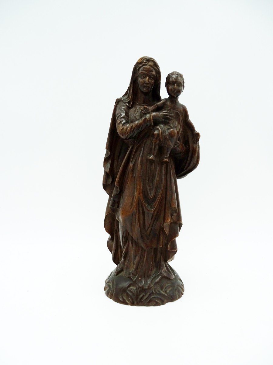 Petite Statue De Vierge à l' Enfant En Noyer Fin 19ème-photo-2