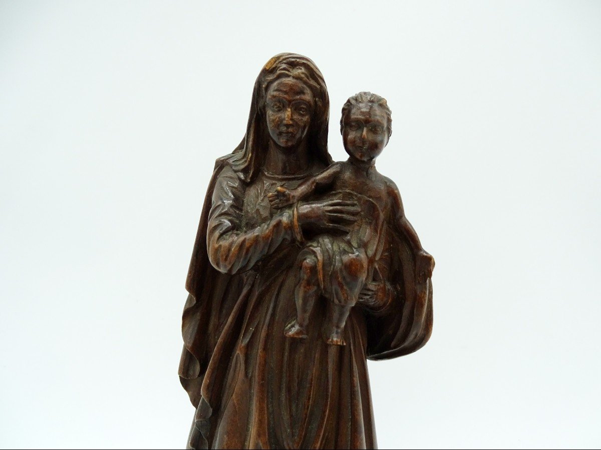 Petite Statue De Vierge à l' Enfant En Noyer Fin 19ème-photo-2