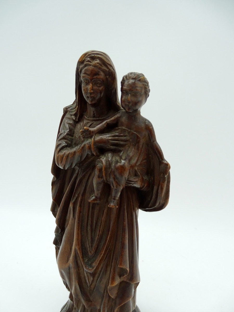 Petite Statue De Vierge à l' Enfant En Noyer Fin 19ème