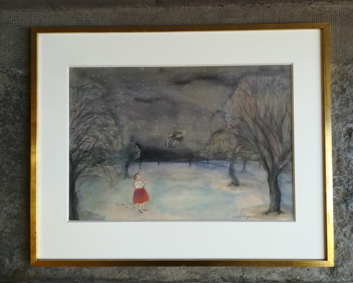 Aquarelle "Fillette à la colombe" de Coutal 1978