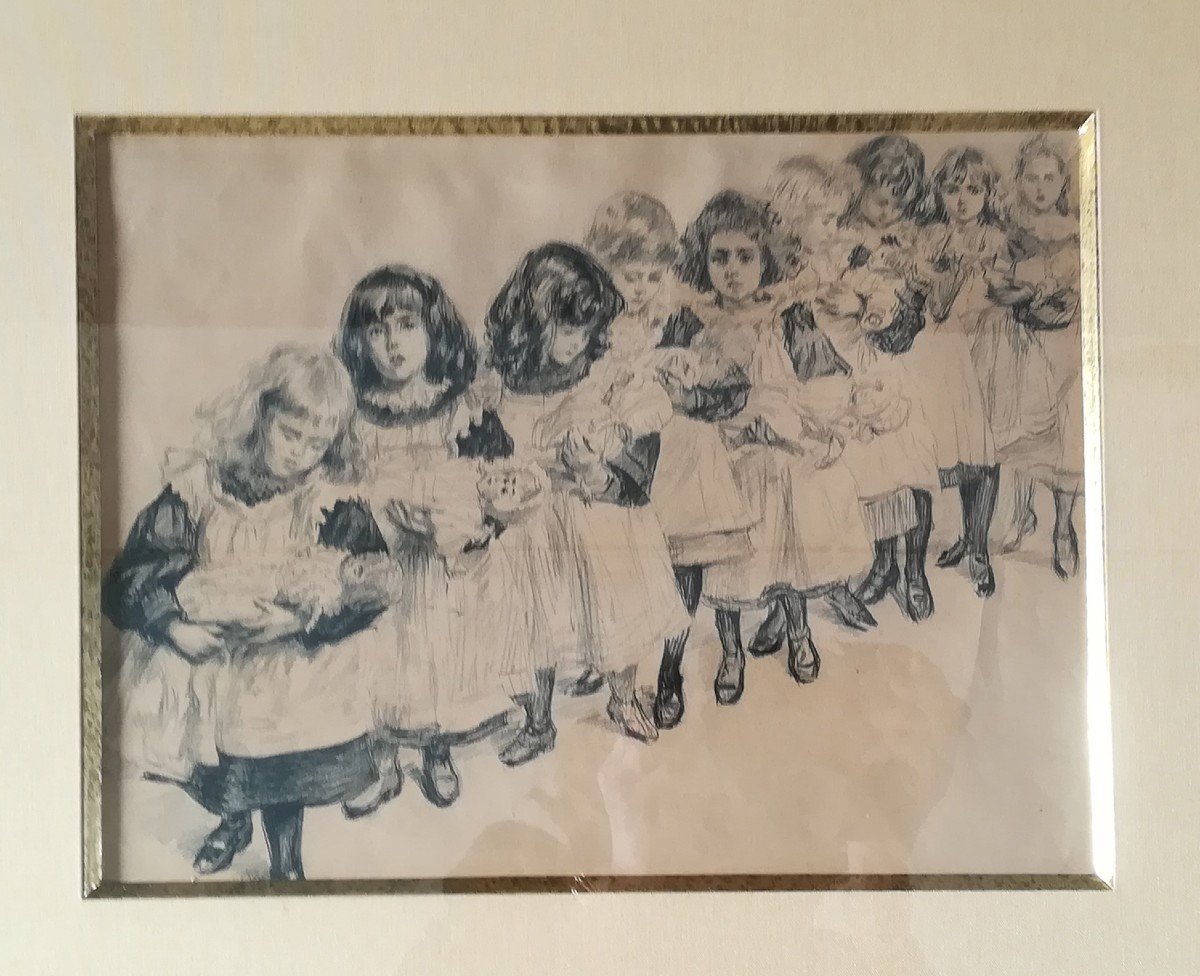 Lithographie Petites Filles Avec Leur Poupée 1900-photo-2