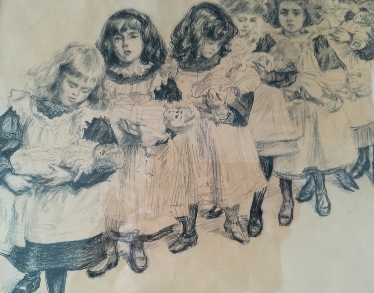 Lithographie Petites Filles Avec Leur Poupée 1900-photo-4