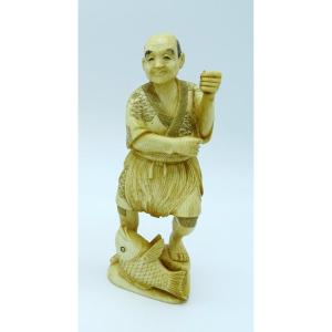 Fisherman Okimono In Ivory Meiji Japan