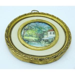Miniature Landscape With House Painted On Ivory 1950