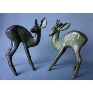 2 Bronze Fawns Signed Raoh Schorr Art Deco