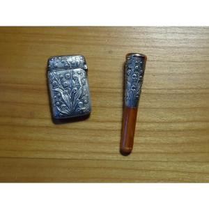 Pyrogenic Silver Match Holder And Silver Art Nouveau Cigarette Holder