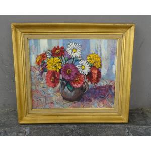 Garapin Huile sur Toile Bouquet de Zinias 1972