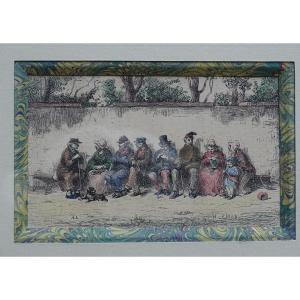 H.pisan Watercolor Engraving The Conversation