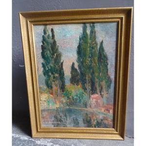 Boulard De Villeneuve Oil On Panel Houses And Cypress