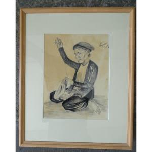 Nguyen Huyen grand  dessin à l'encre de chine 1956