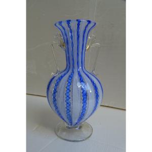 Venice Murano Latticino Vase With Handles, 1970