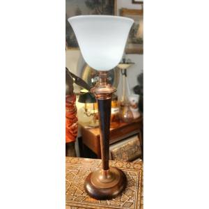 Lampe Mazda en bois et cuivre