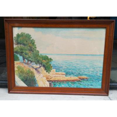 Watercolor Seaside Of G. Brun-buisson 20th