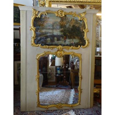 Trumeau Mirror In Wood Painted And Gilded Louis XV Period 18th