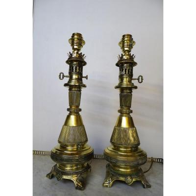 Pair Of Lamps In Brass 19th