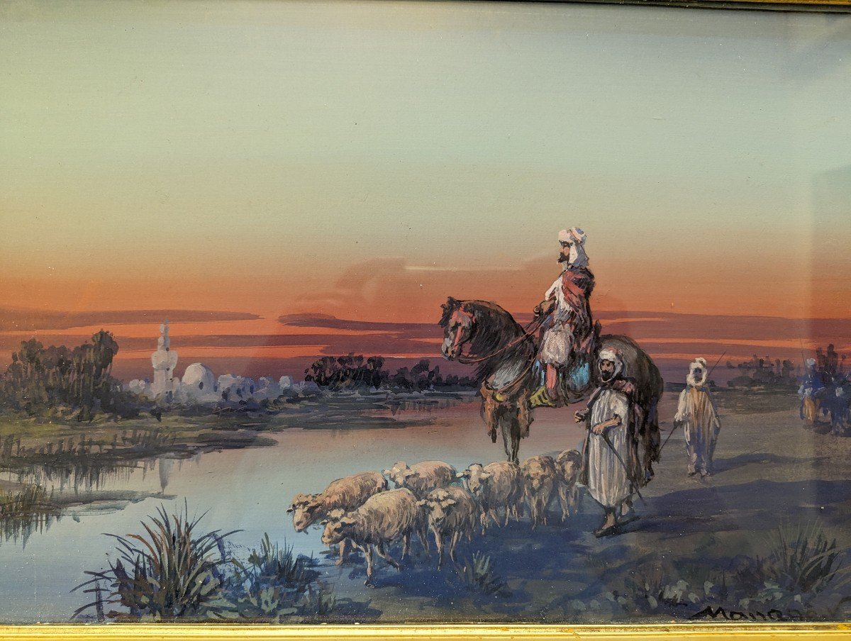 Paire de gouaches orientalistes, signées MANAGO-Paysages animés-photo-2