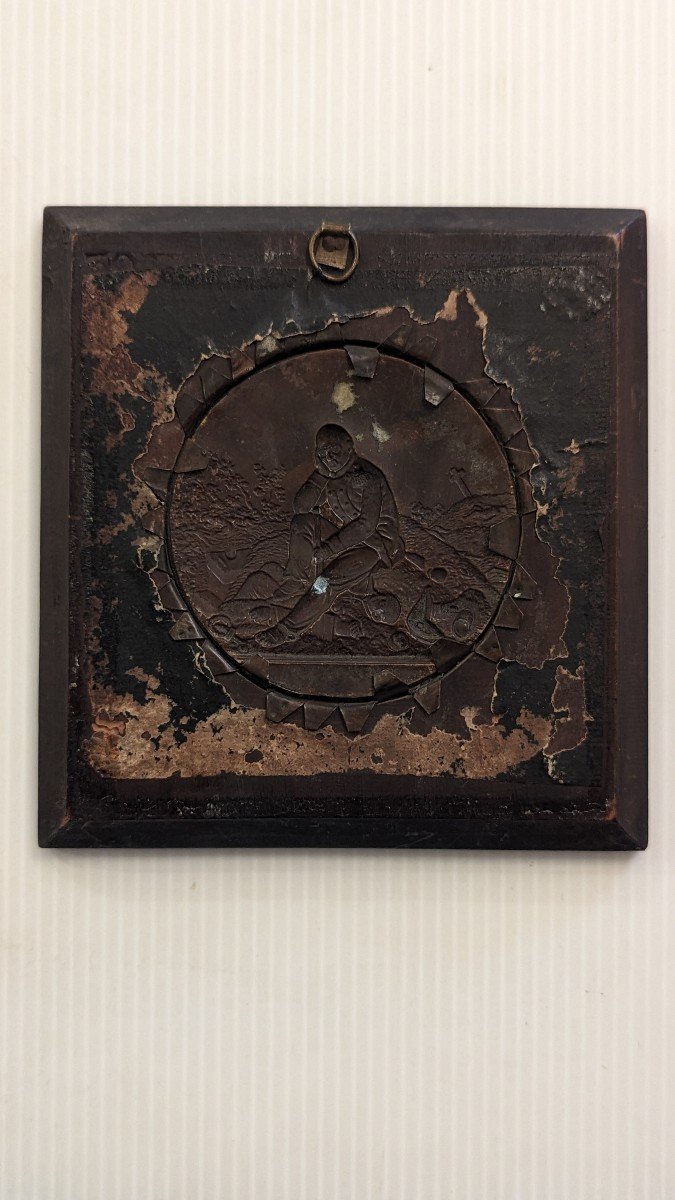 19th Century Medallion, In Stamped And Gilded Copper, In A Frame, Depicting A Military Defeat-photo-3