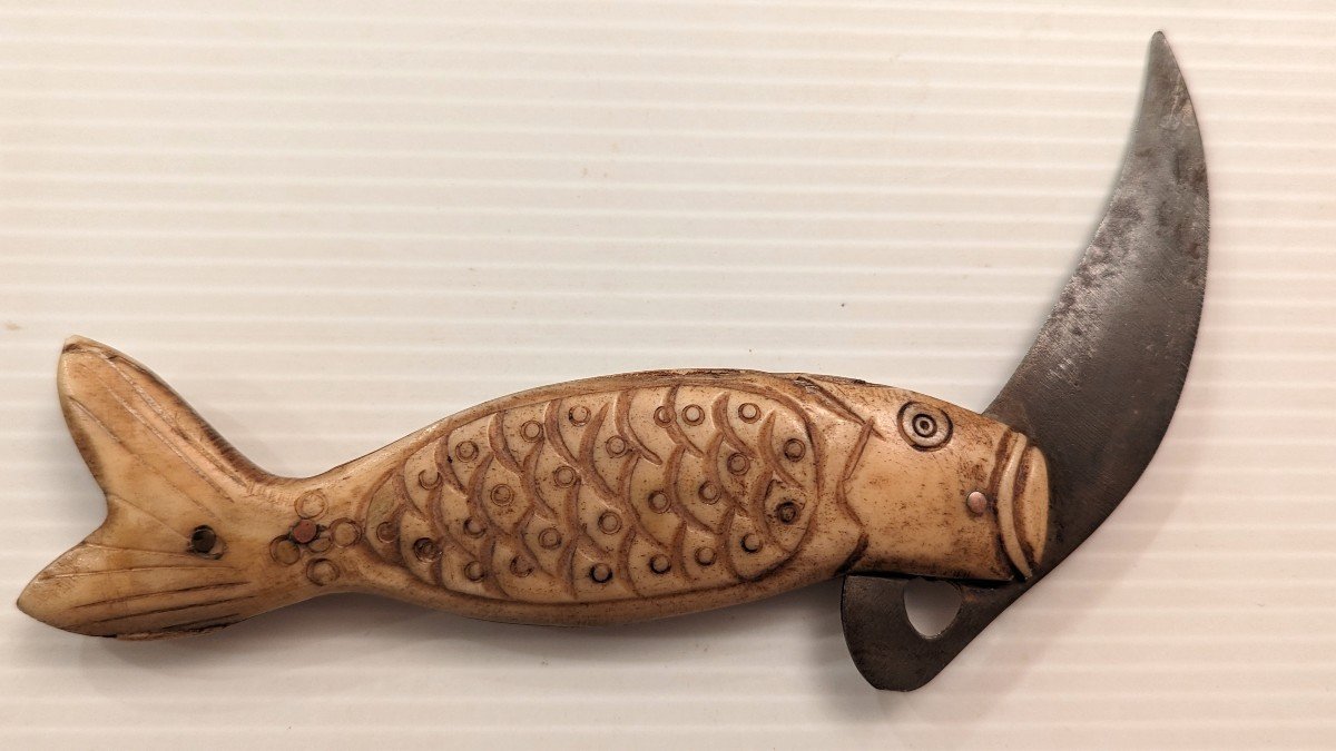 Couteau de poche pliant de Marin-19ème-Os gravé-Poisson-Art Populaire-photo-2
