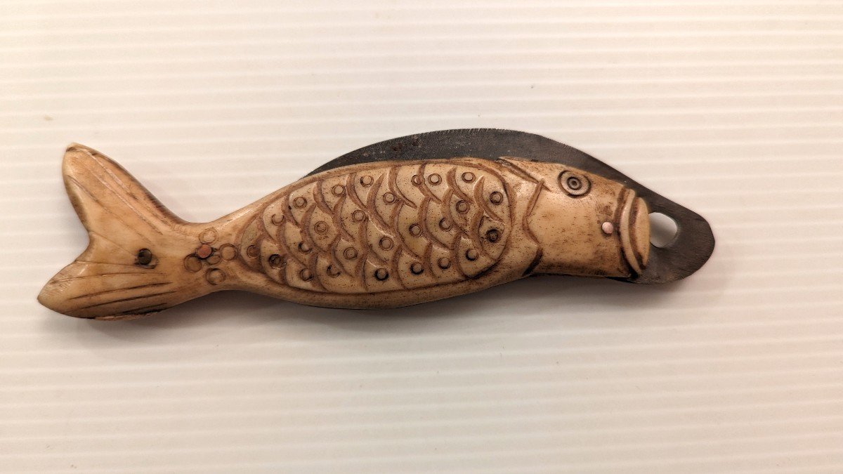 Sailor's Folding Pocket Knife-19th-engraved Bone-fish-popular Art-photo-3