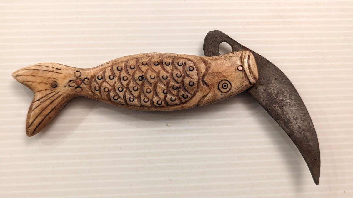 Couteau de poche pliant de Marin-19ème-Os gravé-Poisson-Art Populaire-photo-4