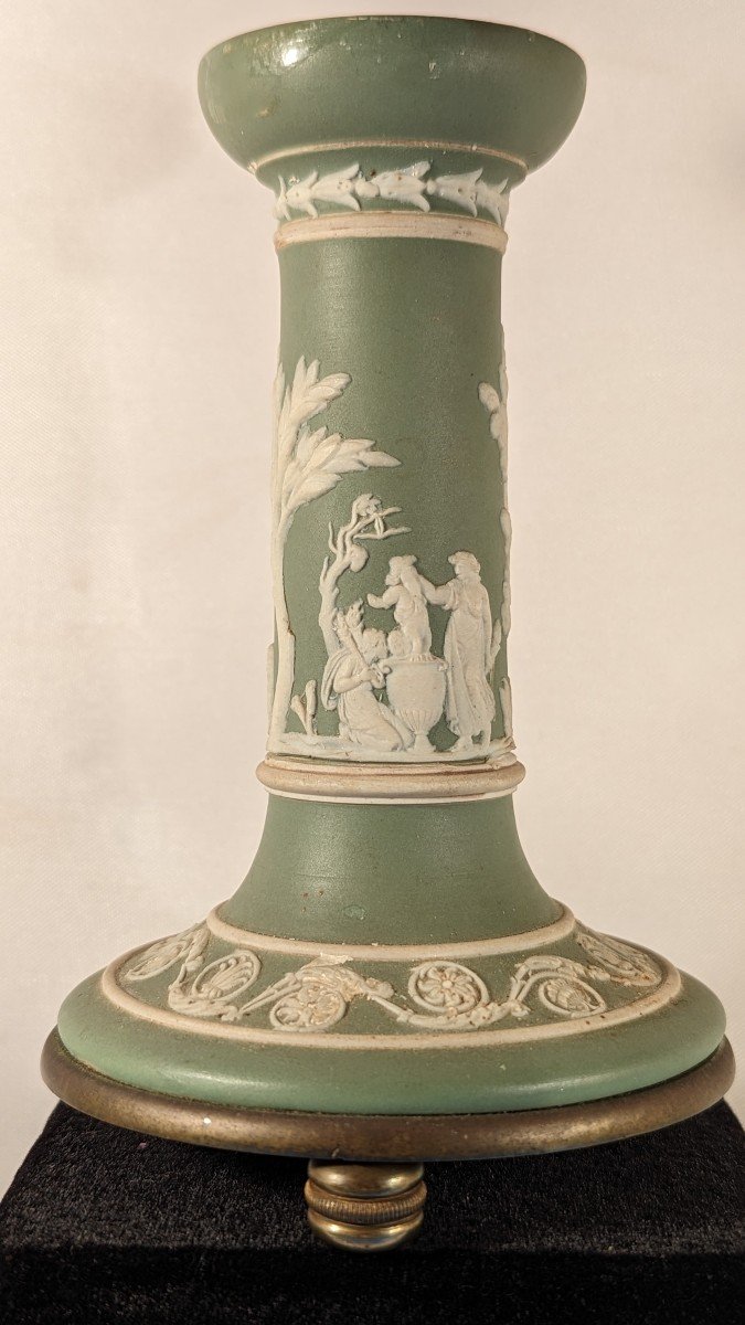Wedgwood Candle Holder, Mounted On Bronze-olive Green Stoneware-photo-2