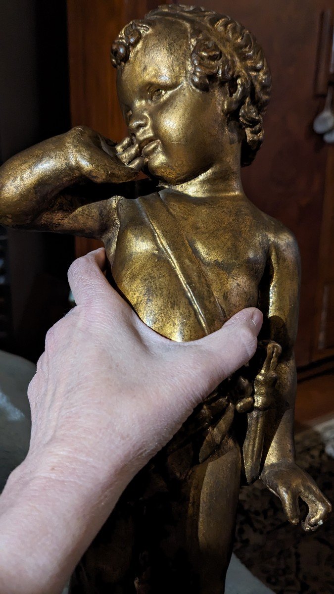 Sculpture en bois, patine bronze-Putti-53 cm-photo-3