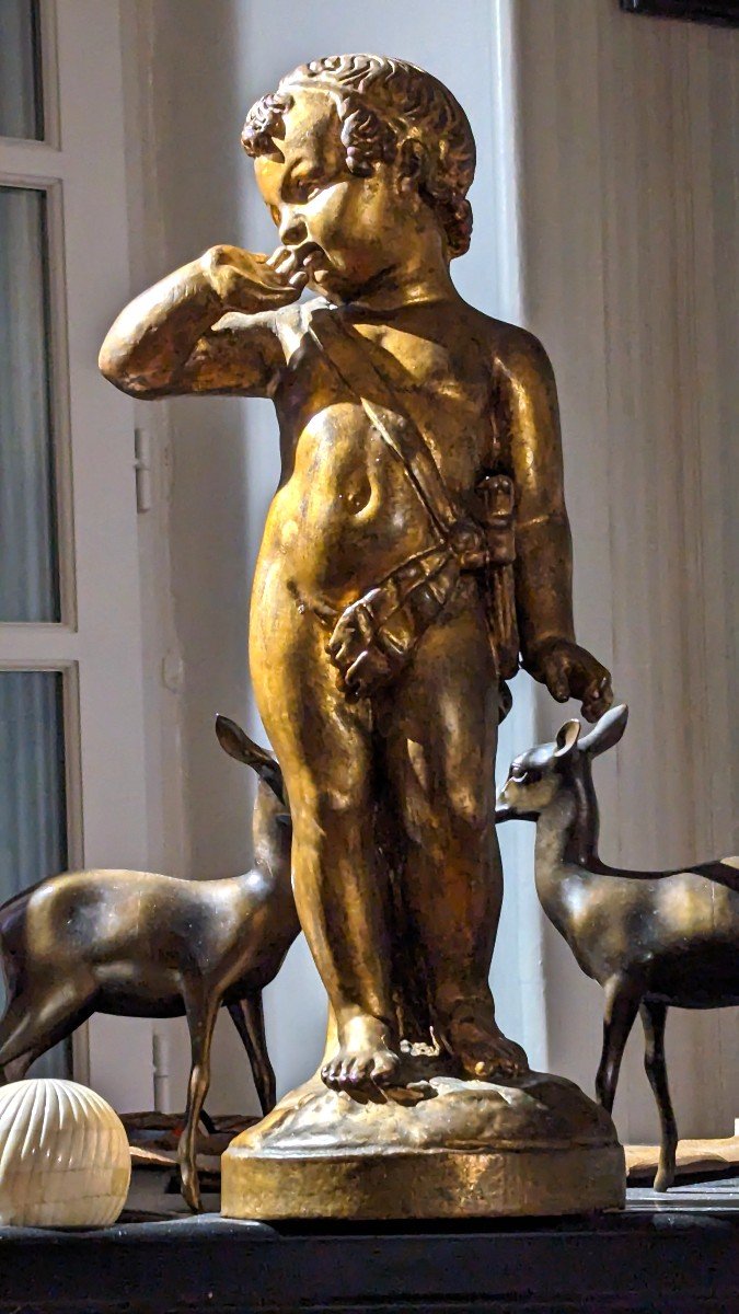 Sculpture en bois, patine bronze-Putti-53 cm