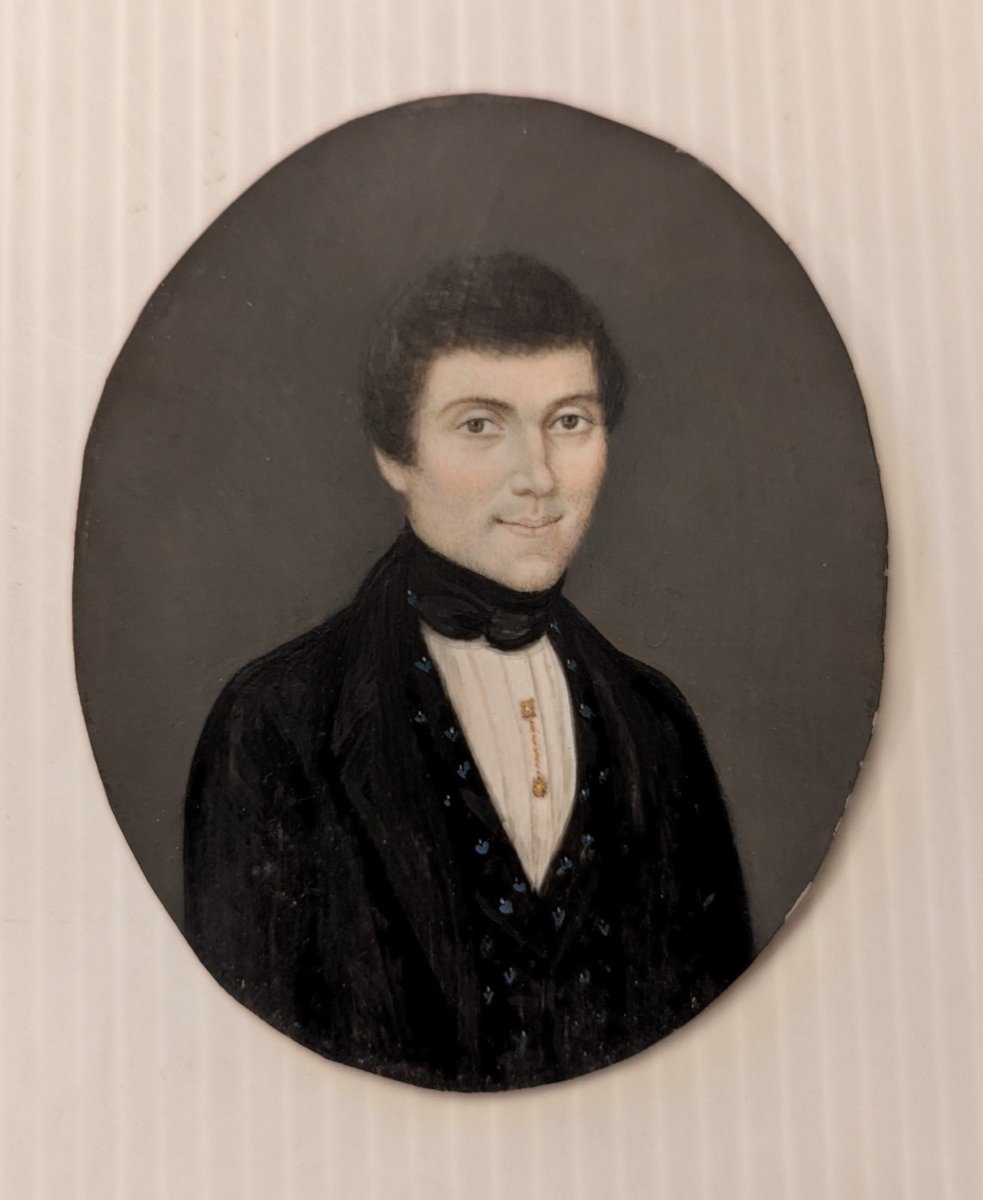 19th Century Miniature, On Ivory - Portrait Of A Young Man-photo-2