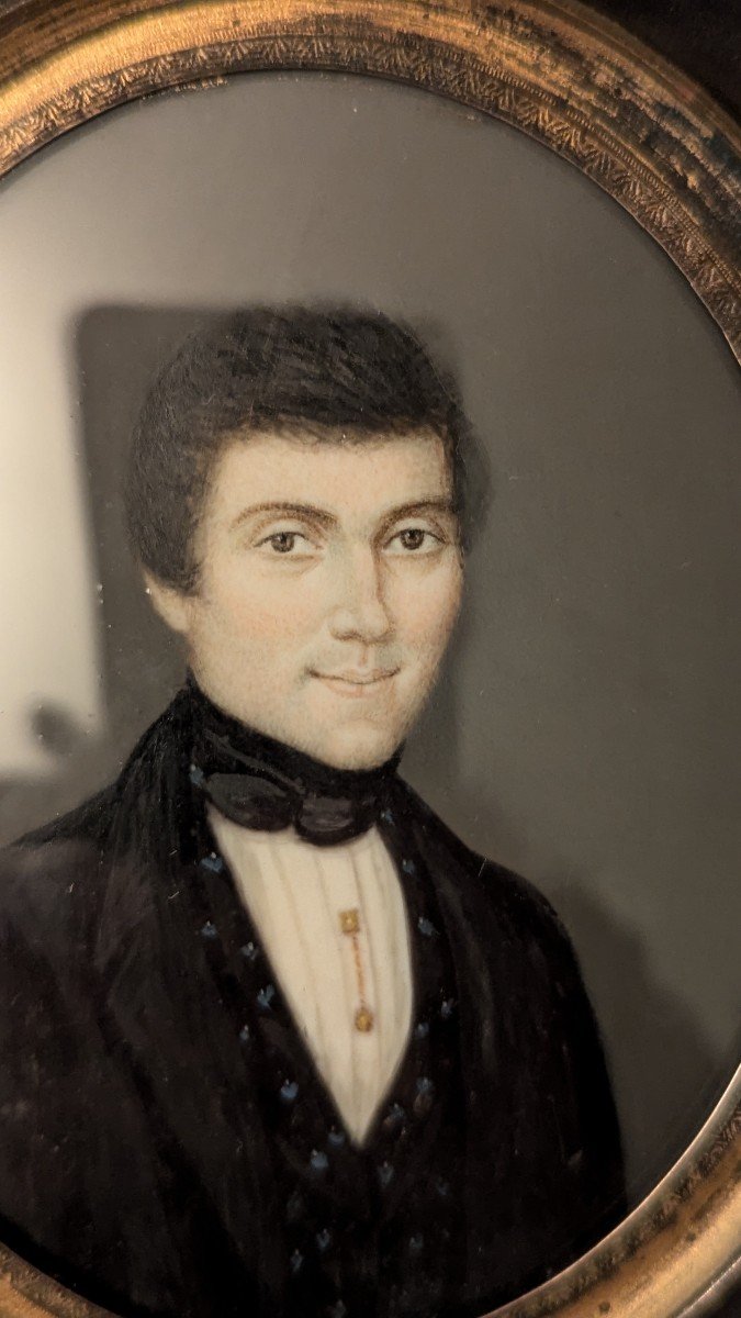19th Century Miniature, On Ivory - Portrait Of A Young Man-photo-3