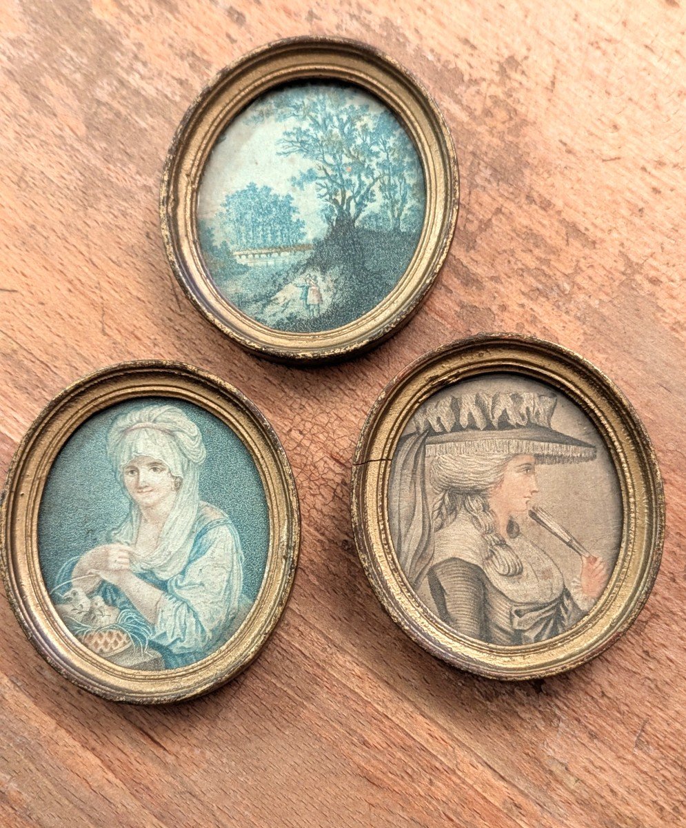 Set Of 3 18th Century Miniatures/engravings - Portraits And Landscape