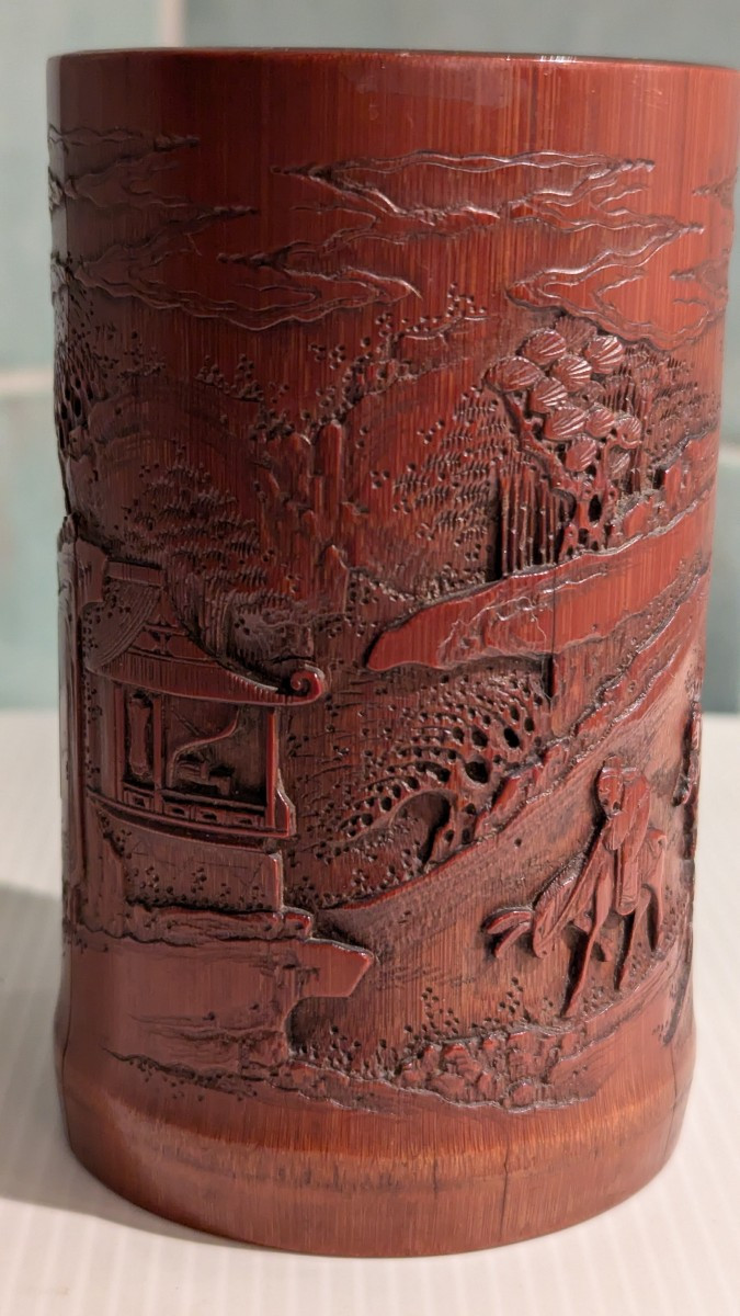 Pot à pinceaux ou bitong, en bambou sculpté, 19ème-Grande finesse d'exécution -photo-1