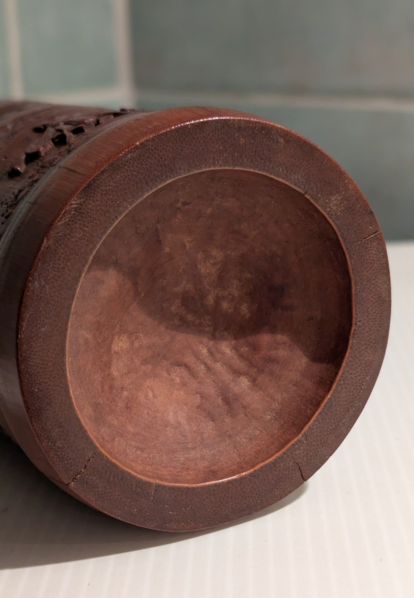 Pot à pinceaux ou bitong, en bambou sculpté, 19ème-Grande finesse d'exécution -photo-4
