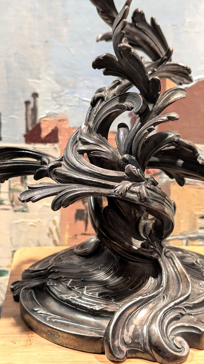 Louis XV Style, Silver-plated Bronze Candlestick By Victor Saglier-photo-2