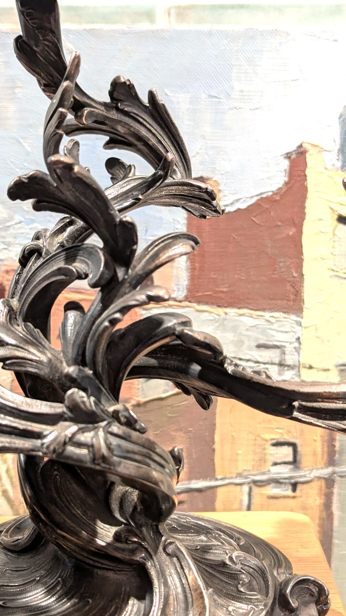 Louis XV Style, Silver-plated Bronze Candlestick By Victor Saglier-photo-3