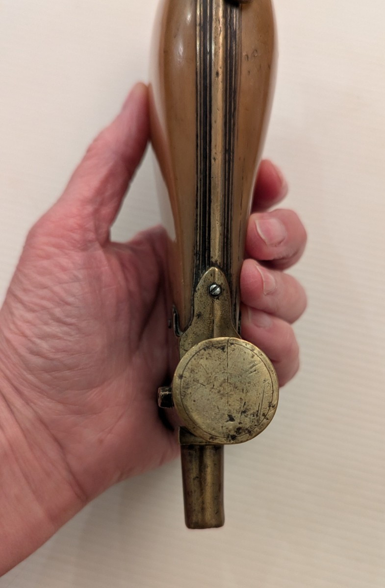 Powder Flask In Blond Horn And Brass, With Dispenser - 19th Century-photo-1