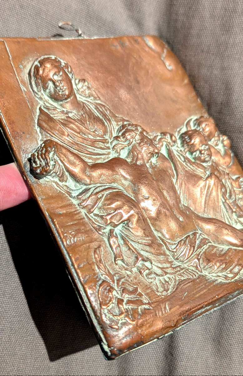 Plaque religieuse, à très haut relief, en cuivre moulé-Italie-17ème-photo-1