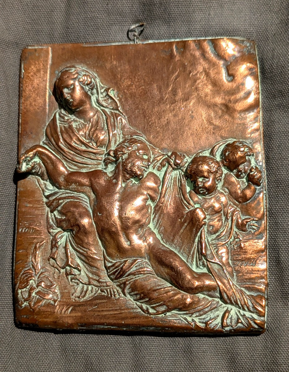 Plaque religieuse, à très haut relief, en cuivre moulé-Italie-17ème