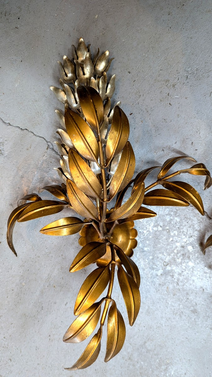 Paire d'appliques en fer doré et argenté-Design 70-Plantes-photo-3