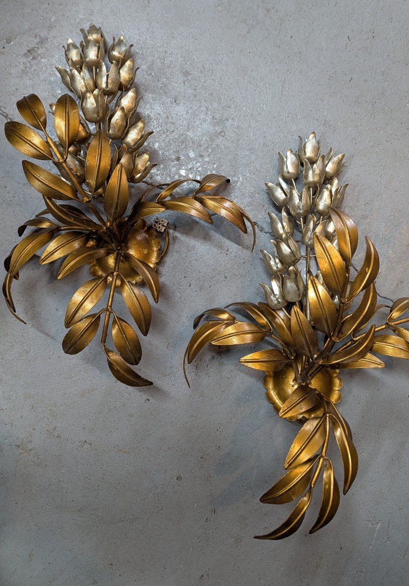 Paire d'appliques en fer doré et argenté-Design 70-Plantes-photo-4
