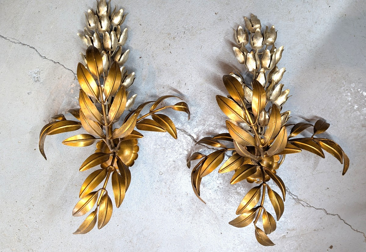 Paire d'appliques en fer doré et argenté-Design 70-Plantes