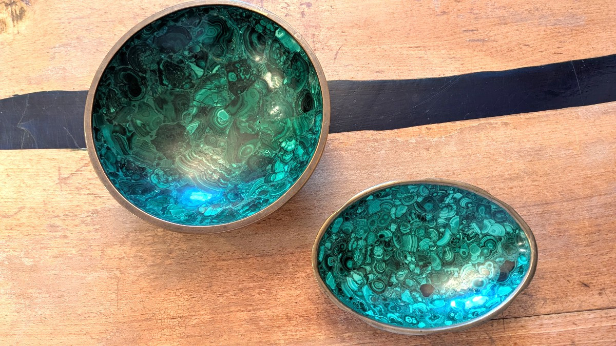 2 Coupes en malachite et laiton-Design 70